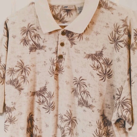 Cherokee Waikiki Wear Polo Shirt Men's Large Hawaiian Beige Palms Short Sleeve - Picture 2 of 4